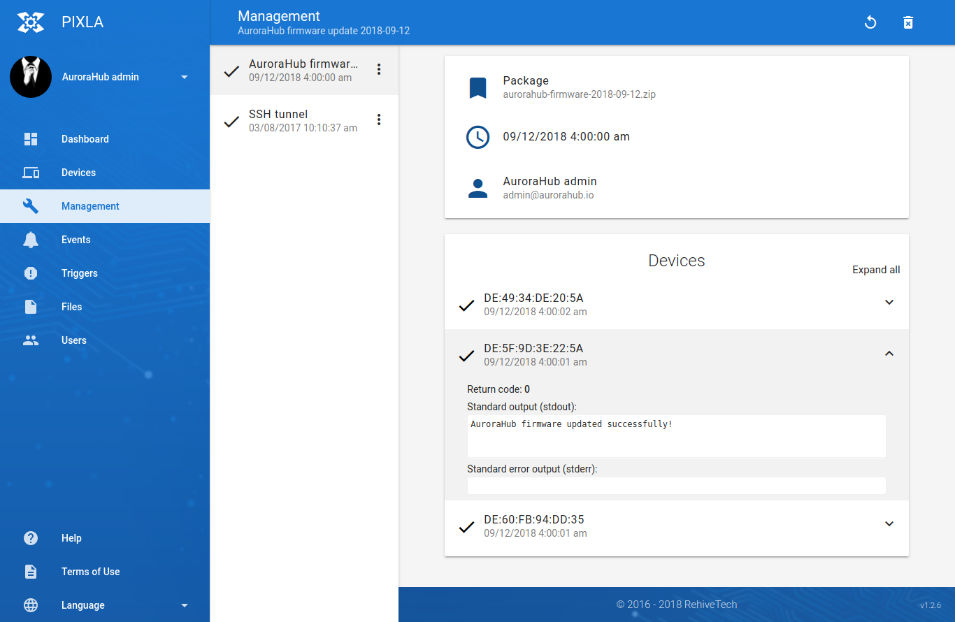 System update in PIXLA web interface